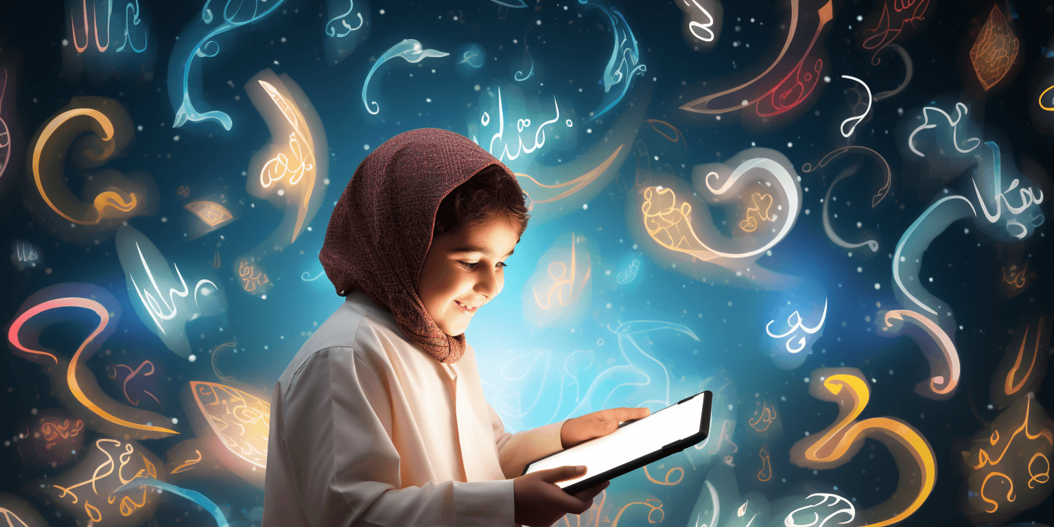 A child using a tablet with Arabic letters and Quranic verses graphics displayed.