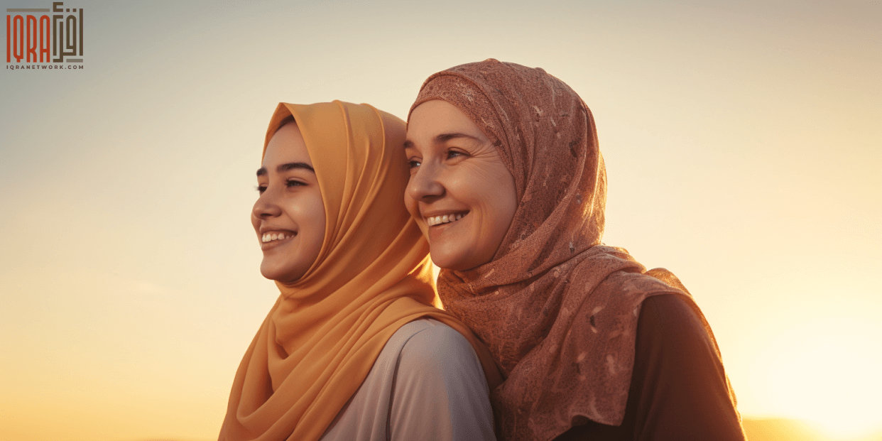 Muslim woman and teenage daughter in hijabs, smiling against a backdrop of night transitioning to dawn.