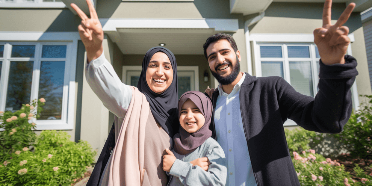 Muslim family smiling in front of their new home, feeling joy and excitement about their first purchase, pondering if a mortgage is haram.