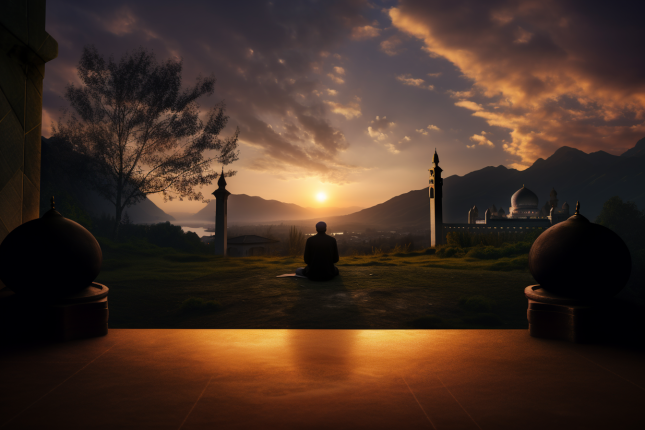 Silhouette of Muslim man in prayer during a serene sunrise.