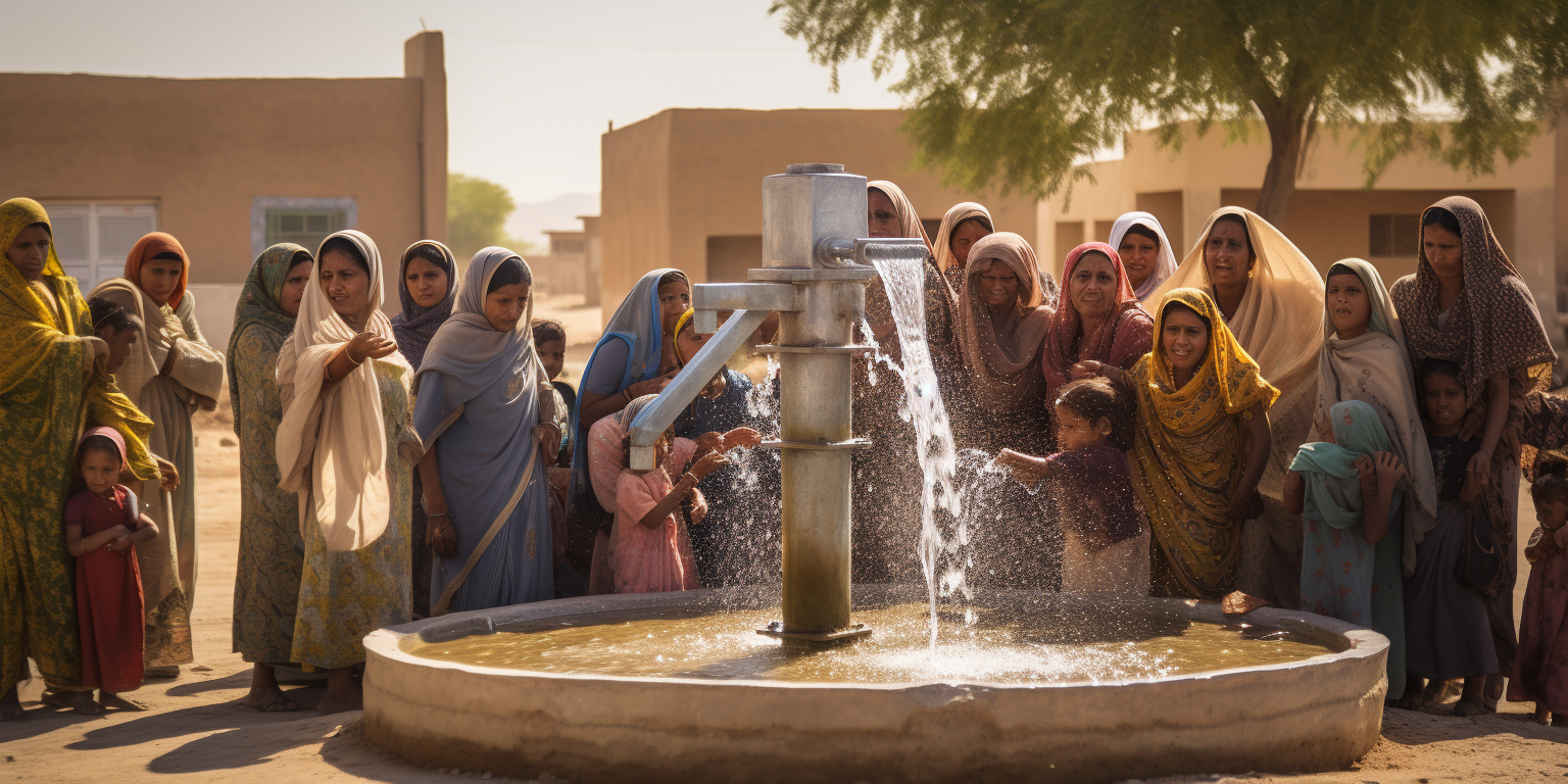 Women and children gathering water from a community well in Pakistan.