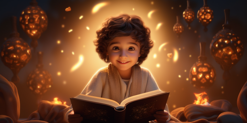 An inspired Muslim child sitting in front of an illuminated Quran, with Arabic letters ethereally rising and floating in the air, symbolizing the enlightenment and knowledge being absorbed