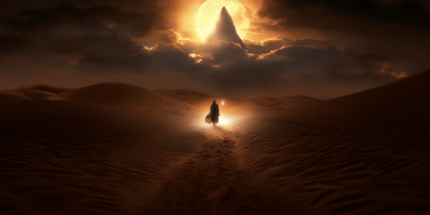 Silhouette of Prophet Muhammad as a beacon of light amidst the vast desert, symbolizing the finality and guiding presence of the last of the prophets.