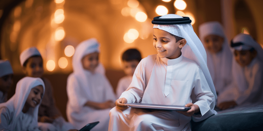 Excited young Muslim Arab child sitting at his desk, opening his laptop to learn the Quran online in a comfortable setting.