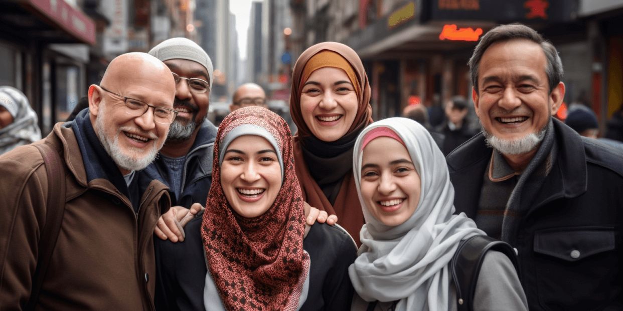 Multicultural group of Muslims from various backgrounds gathered in a modern Western city, radiating joy and unity.