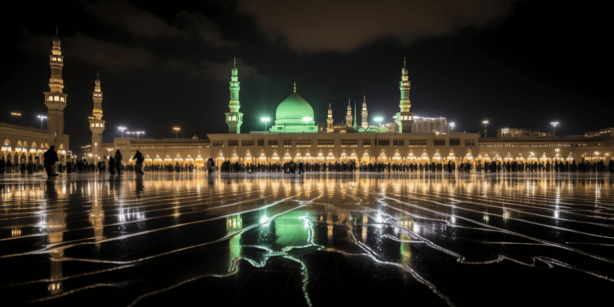 Madinah, illuminated with shining lights and tall minarets.