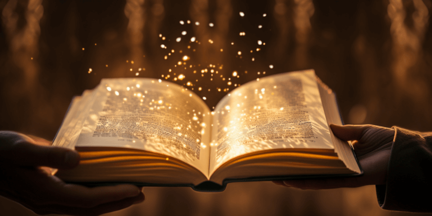 A person's hand holding an open Quran with a beam of light on the page, emphasizing deep reflection and Quranic study.