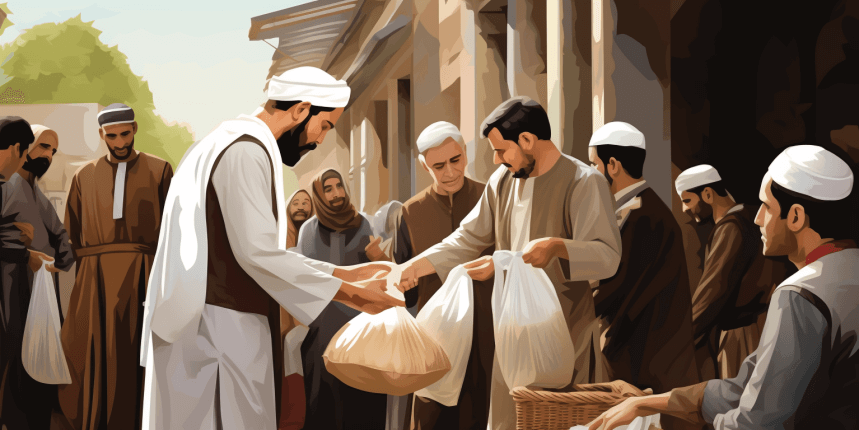 Volunteers distributing food packages to the needy in a community setting.