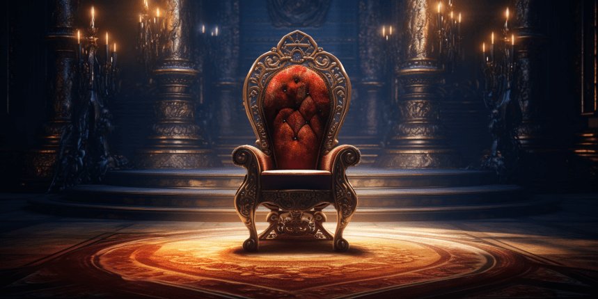 A luxurious, intricately designed ancient king's chair stands in an empty room, bathed in a warm, focused light.