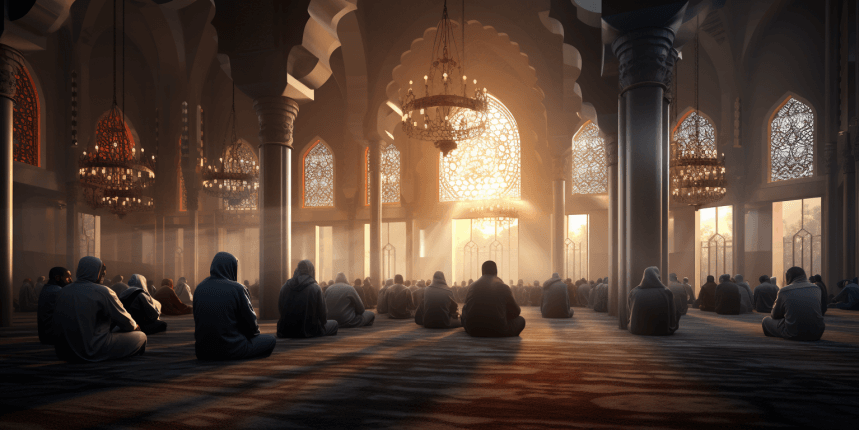 A mosque with worshipers engaged in prayer.