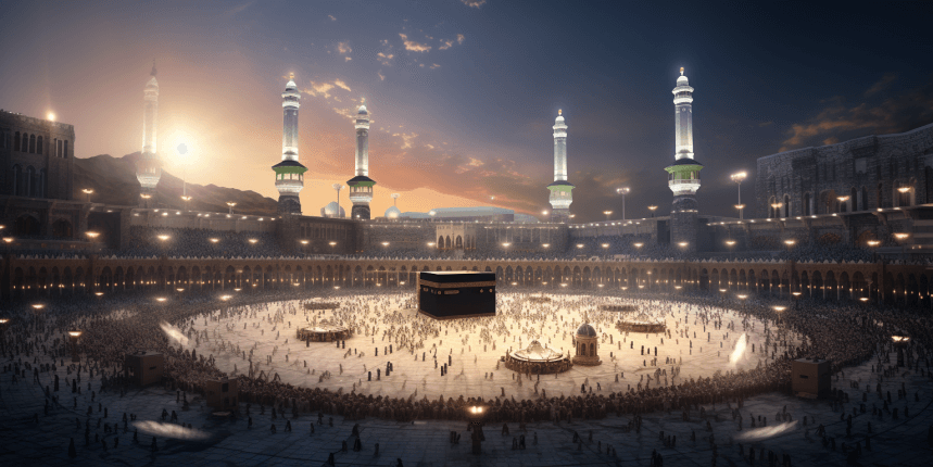 The sacred Kaaba in Mecca, the holiest site in Islam, surrounded by pilgrims performing the Tawaf.