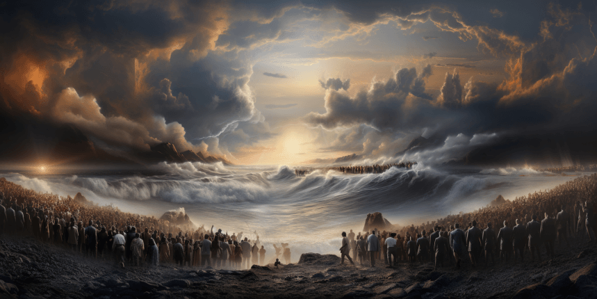 Ancient Israelites crossing the parted sea with walls of water on both sides.