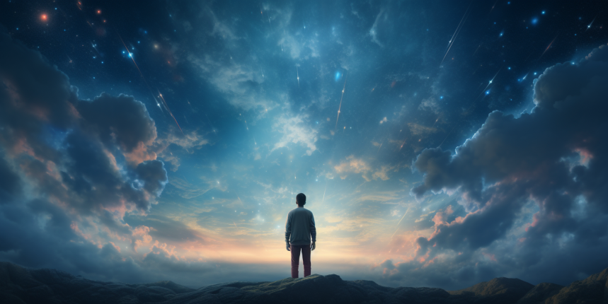 A man gazes at the serene sky, seeking mental peace.