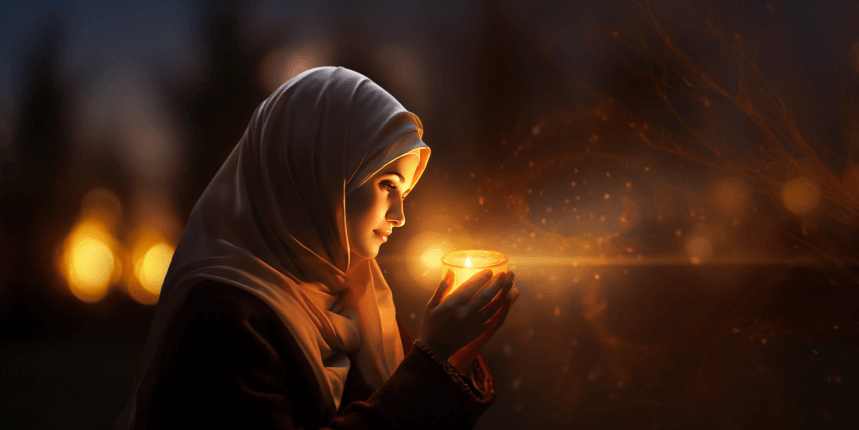 A Muslim woman bathed in warm, soft light, exuding a sense of inner peace and tranquility