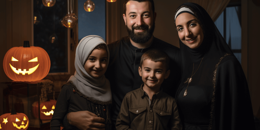 A Muslim family with a father and mother holding their two children close, standing amidst a lively Halloween celebration, yet noticeably not participating.
