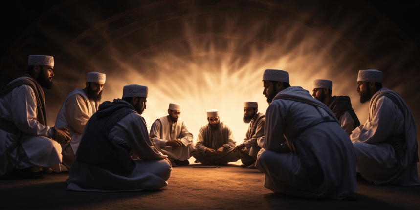 A group of Muslim men sitting together, attentively watching a bright light