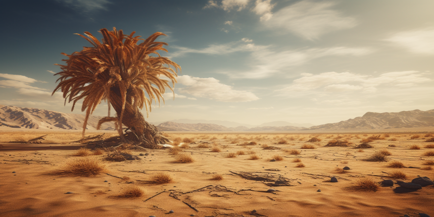 A lone palm tree stands tall in a vast desert landscape, with its fronds reaching out to the sky. Beneath it, a bountiful harvest of fresh dates lies scattered on the golden desert sands.