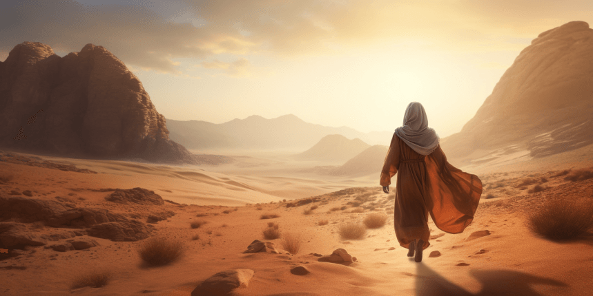 A Muslim woman walks between two towering mountains in the desert.