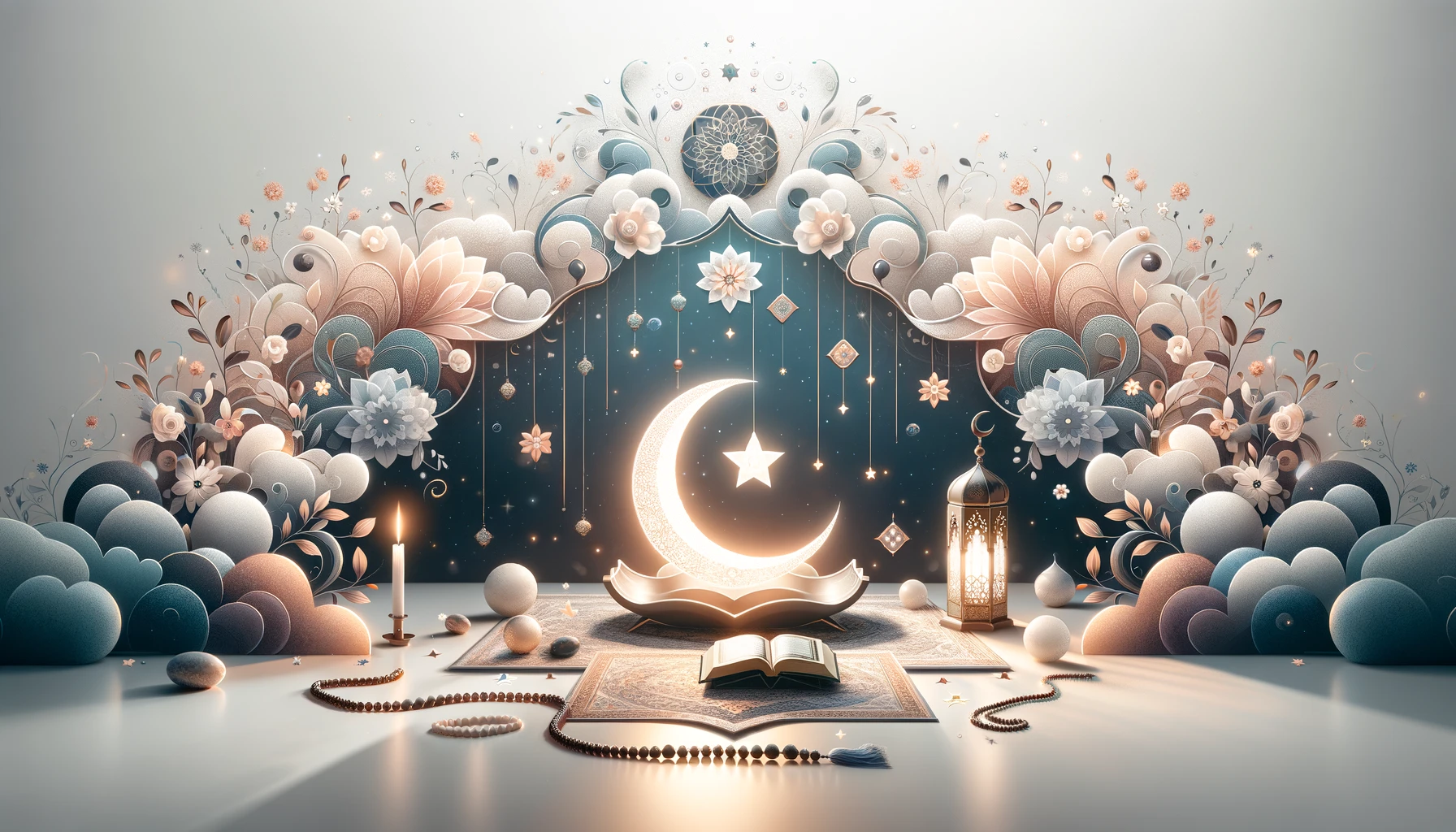 maximizing the benefits of Shaban, featuring Islamic spiritual symbols like crescent moons, stars, a Quran, and prayer beads against a tranquil background with floral and geometric Islamic art patterns.