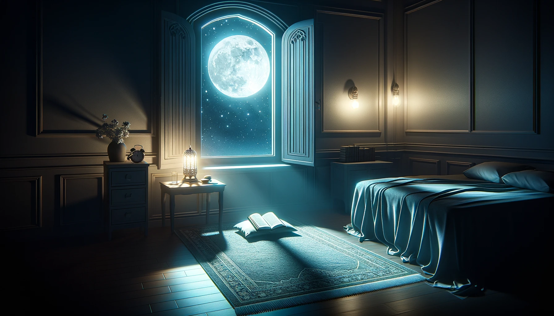 A serene bedroom at night with moonlight streaming through an open window, illuminating a prayer mat and an open Quran on the bedside table, symbolizing the practice of nighttime prayers in Islam.