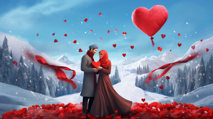 A Muslim man and woman stand together in a snowy mountain landscape, surrounded by red hearts. The man holds a present and flowers in his hands, while the woman looks surprised.