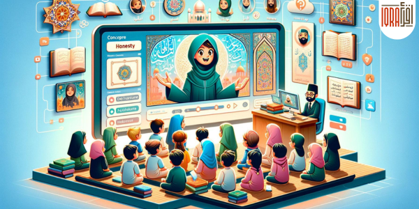 A vibrant online learning session depicting a diverse group of children engaged in learning about honesty and truthfulness through Islamic teachings, guided by a digital illustration of a friendly teacher on their screen.