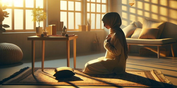 A Muslim woman in prayer attire, including a hijab, engaged in morning prayers in a tranquil room with soft morning light filtering through a window.A Muslim woman in prayer attire, including a hijab, engaged in morning prayers in a tranquil room with soft morning light filtering through a window.
