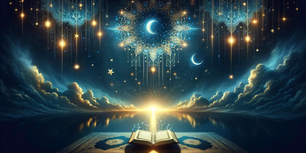 A serene and mystical night sky filled with stars over an open Quran, with a glowing crescent moon and beams of light descending from the heavens, symbolizing divine guidance and mercy during Laylatul Qadr.