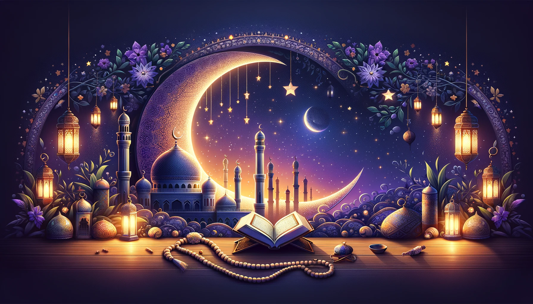 Inspirational Ramadan banner featuring a crescent moon, illuminated mosque, open Quran, and prayer beads against a night-to-dawn background with lanterns and stars.