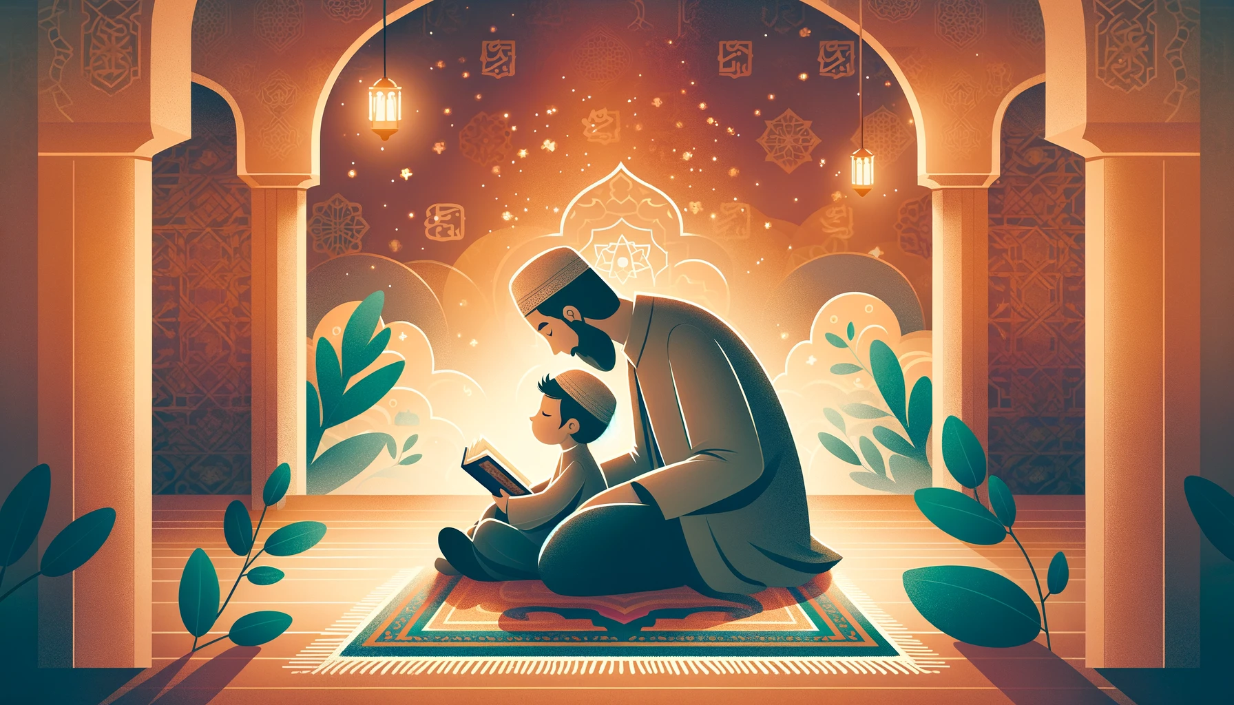 Parent and child reading together in a serene setting, surrounded by Islamic art patterns."