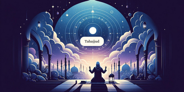 Serene night sky with stars, silhouette of a person in prayer, and subtle clock indicating late hours, symbolizing Tahajjud prayer.