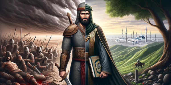 Transformational journey of Khalid ibn al-Walid depicted in a 16:9 image, showing a transition from a warrior in armor on a desolate battlefield to a peaceful Muslim general in Islamic attire, amidst a verdant landscape.