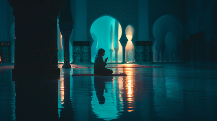 A Muslim woman in peaceful prayer during Qiyam al Layl, standing in a dimly lit room with a prayer rug and Quran placed beside her