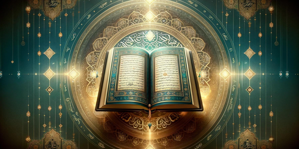 An inspirational image featuring an open Quran at the center, surrounded by a glow that symbolizes Uthman ibn Affan's spiritual significance. The background is adorned with traditional Islamic geometric patterns in serene blues and golds, reflecting peace, wisdom, and the legacy of leadership in Islam.