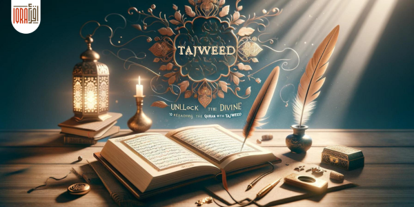 open Quran on a wooden desk, highlighted by soft lighting that emphasizes the Arabic text, including the word "Tajweed". The scene includes a feather quill, ink pot, and a small glowing lamp, set against a tranquil blue background.