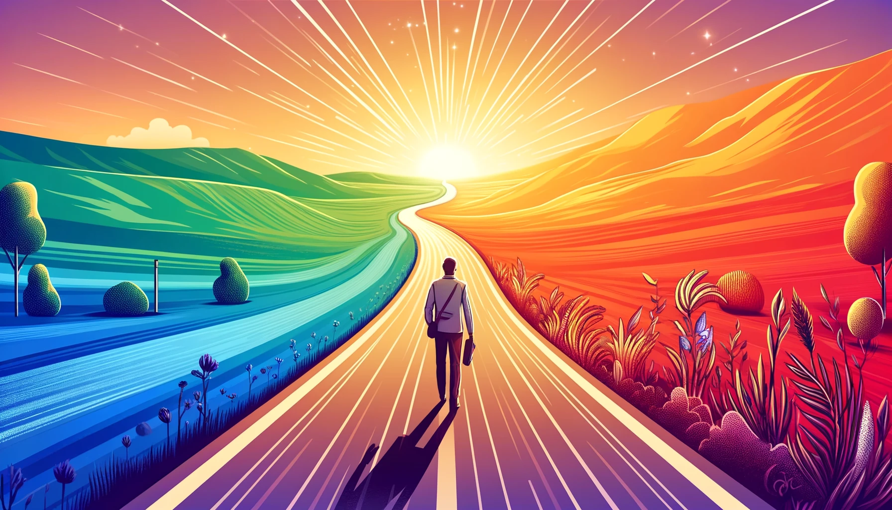 A man confidently walks on a symbolic road towards a bright horizon, with signs of guidance and protection, symbolizing a journey of personal growth and safe passage.