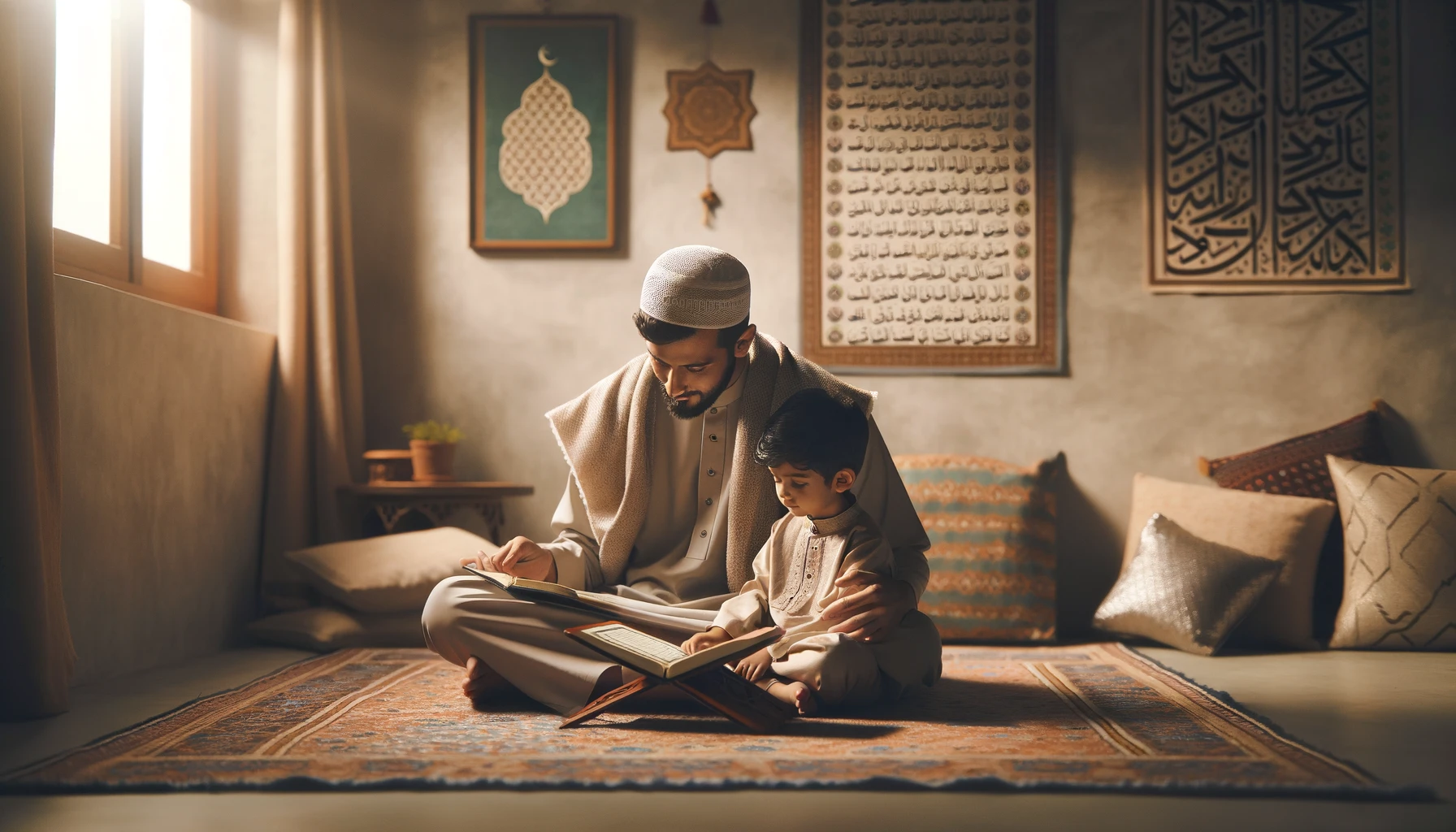 A parent and child sit on a traditional rug in a cozy room, studying the Quran together. The room is adorned with Islamic art, and sunlight softly illuminates the peaceful scene.