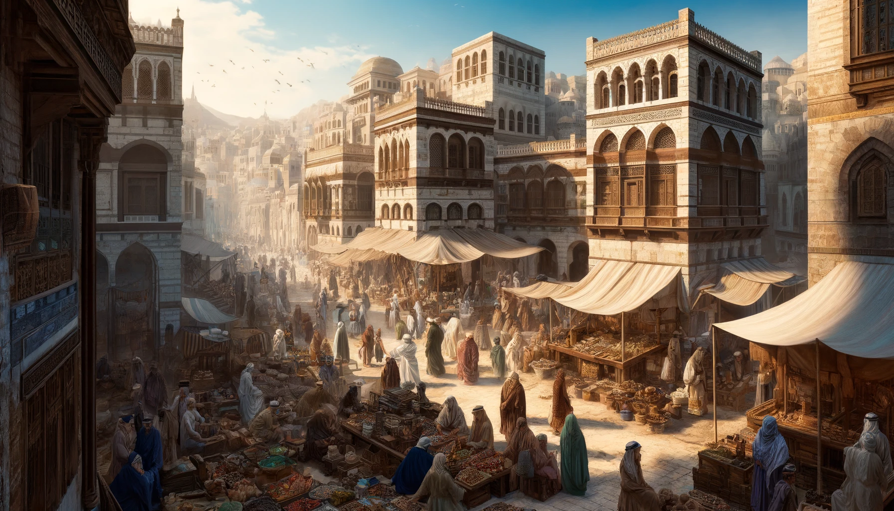 Arabian city scene during the time of Khadija bint Khuwaylid. This visual captures the bustling market streets and cultural richness of Mecca, reflecting the era's typical architecture and lively trade activities.