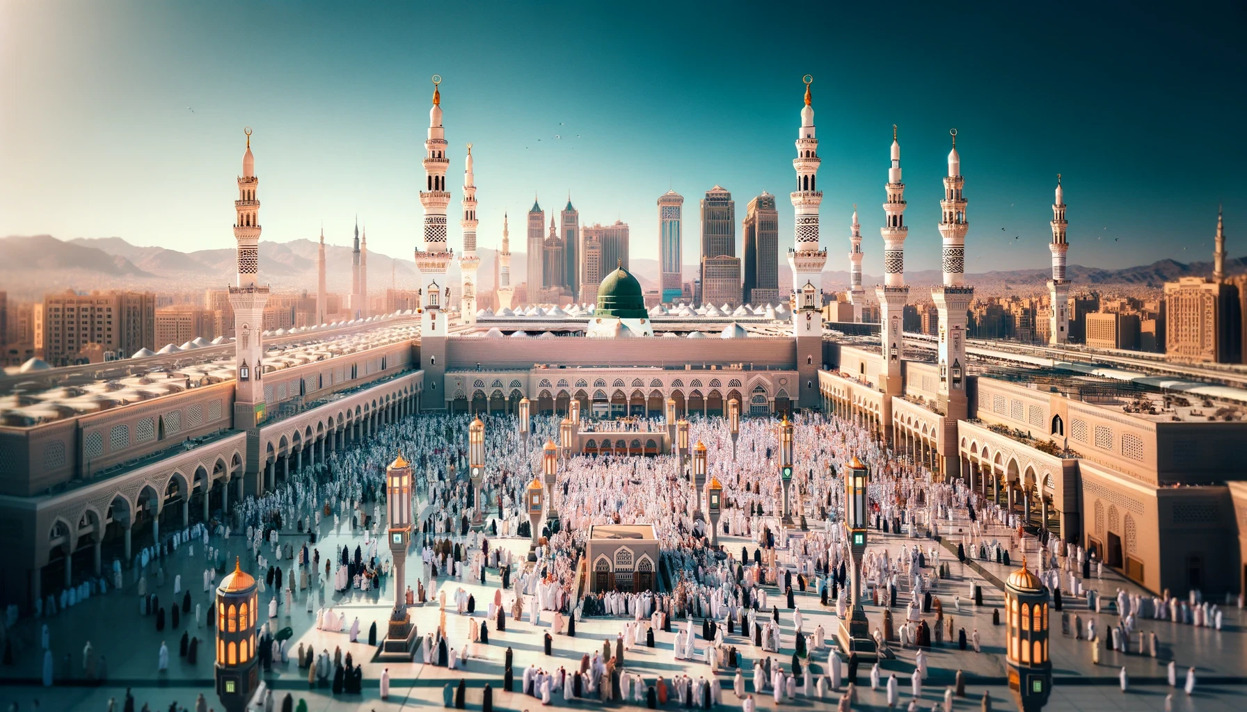Serene view of Masjid an-Nabawi in Madinah, featuring its towering minarets and iconic green dome under a clear blue sky, with a harmonious blend of ancient and modern architecture surrounding the mosque.