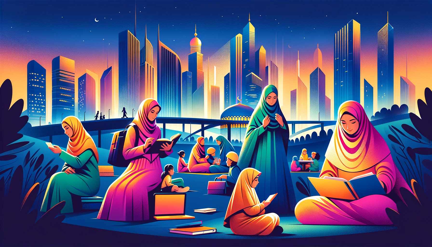 A vibrant and modern illustration that captures the dynamic role of Muslim women in Islam. The image should depict an urban setting with a skyline at twilight, blending traditional and contemporary elements. Include a group of Muslim women of various ages engaged in different activities: one reading a book, another using a laptop, and a third teaching a small group of children. Each woman should wear a hijab, symbolizing their faith. The composition should convey a sense of community, education, and empowerment. The colors should be bright and engaging, with an overall hopeful and energetic atmosphere.