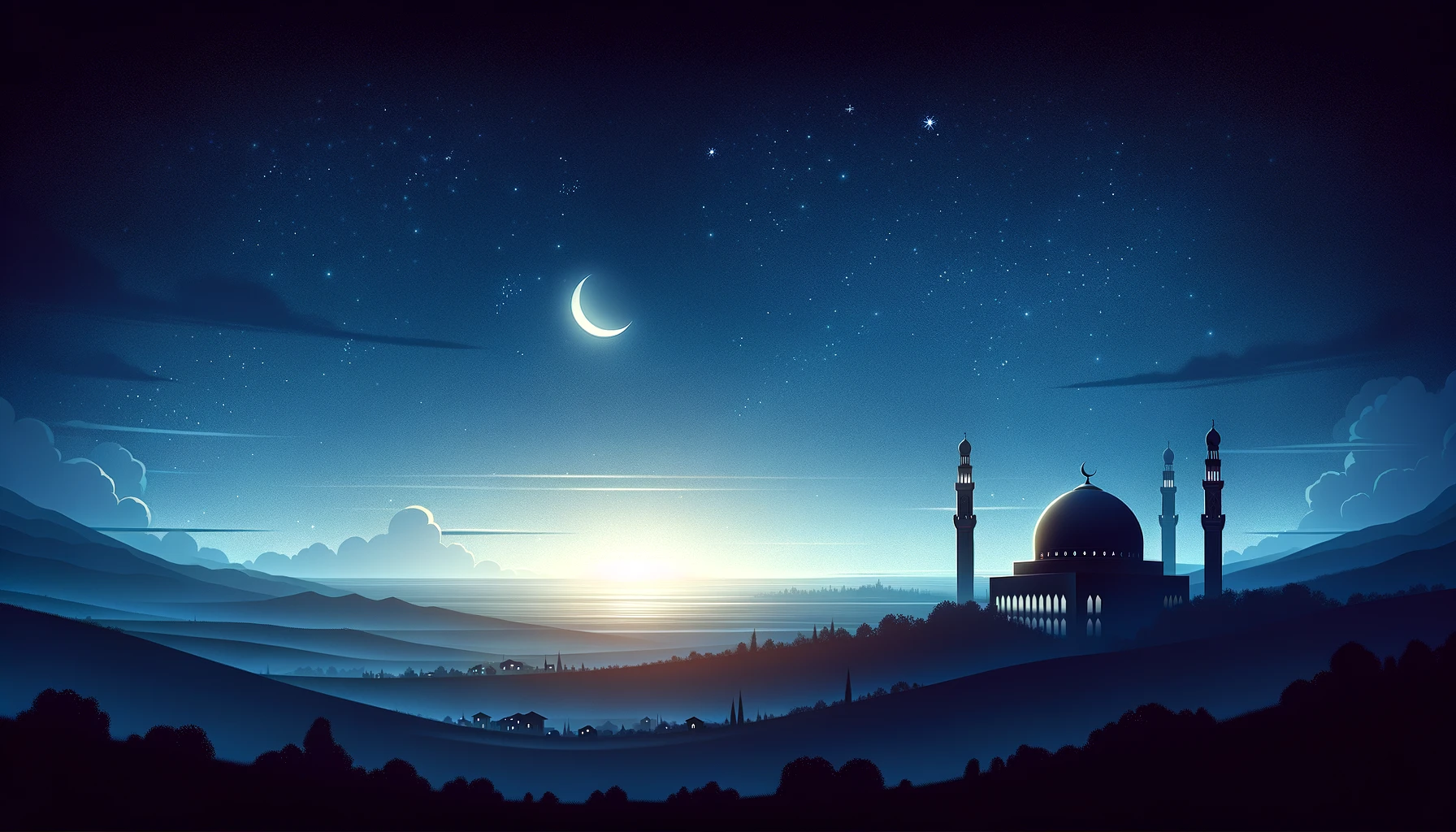 A serene desert oasis scene at twilight to symbolize the time for the Islamic prayer of Isha. The setting includes a tranquil oasis with palm trees and a small reflecting pool under the early night sky, transitioning from orange to deep twilight blues. A simple yet elegant mosque constructed from earthy materials is seen in the background, with its minaret gently illuminated by the last rays of the sunset. Stars just beginning to twinkle in the sky, emphasizing the peaceful end of the day in a natural setting.