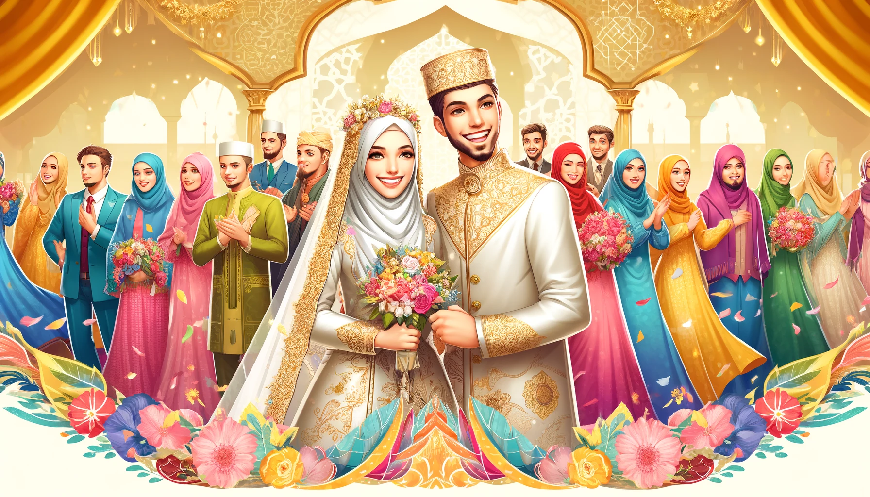 The image captures the newly married couple in traditional attire, surrounded by their happy family and friends. The background includes elegant Islamic patterns and floral arrangements