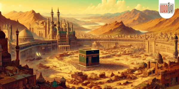 Vibrant illustration of ancient Mecca during the Quraysh tribe era, showing the Kaaba surrounded by bustling tents and caravans of pilgrims in a desert setting.