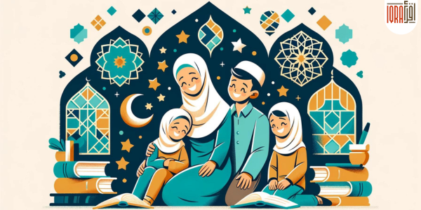 Muslim mom and her happy, engaged children against a backdrop of Islamic geometric patterns, books, a crescent moon, and stars. The warm color scheme includes shades of blue, green, and gold, symbolizing peace, growth, and wisdom.