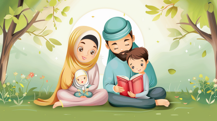 a design for a girl and boy sitting beside their muslim parents and there is love a nd care emotions