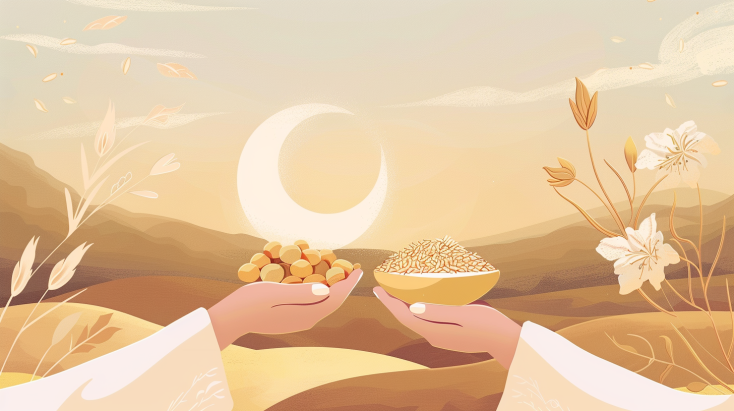 A warm and inviting graphic design featuring a crescent moon, a bowl of dates, grains, and hands offering staple foods, with text 'Zakat al-Fitr: Purifying Faith, Nurturing Solidarity' for a blog post on Zakat al-Fitr.