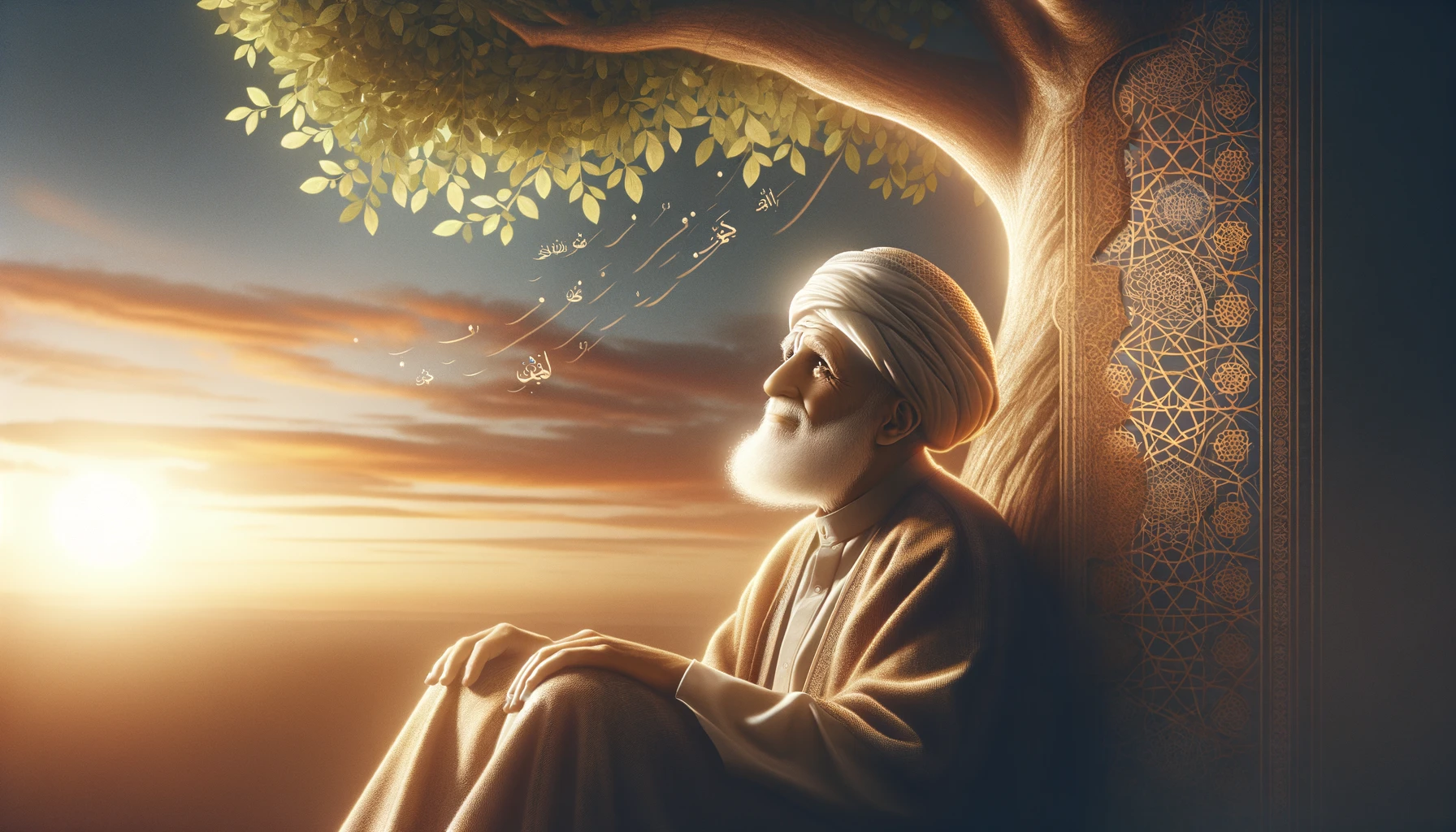 featuring an elderly wise man depicted as Middle Eastern, sitting under a tree in a contemplative and peaceful manner. The background has a soft sunset that adds to the tranquil and uplifting atmosphere. This image is designed to convey a sense of wisdom, gratitude, and spiritual connection, suitable for your article about thanking Allah.