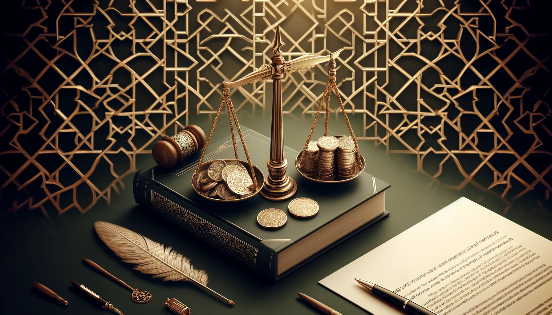 Modern and professional blog header featuring a geometric Islamic pattern in green and gold, with a graph showing interest rates, a calculator, and financial documents