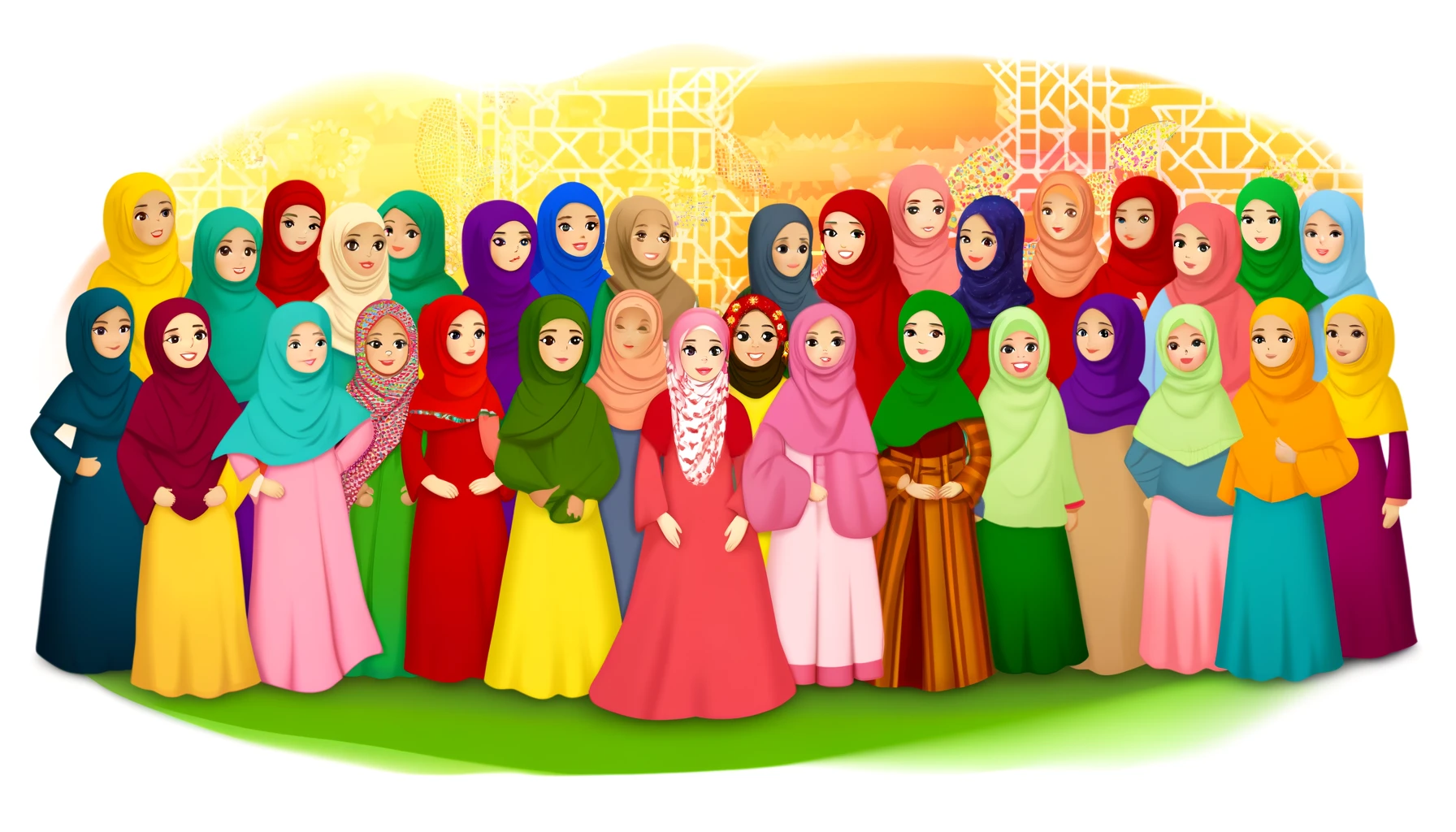 Diverse young Muslim girls wearing colorful hijabs gathered in a park, symbolizing unity and cultural diversity.
