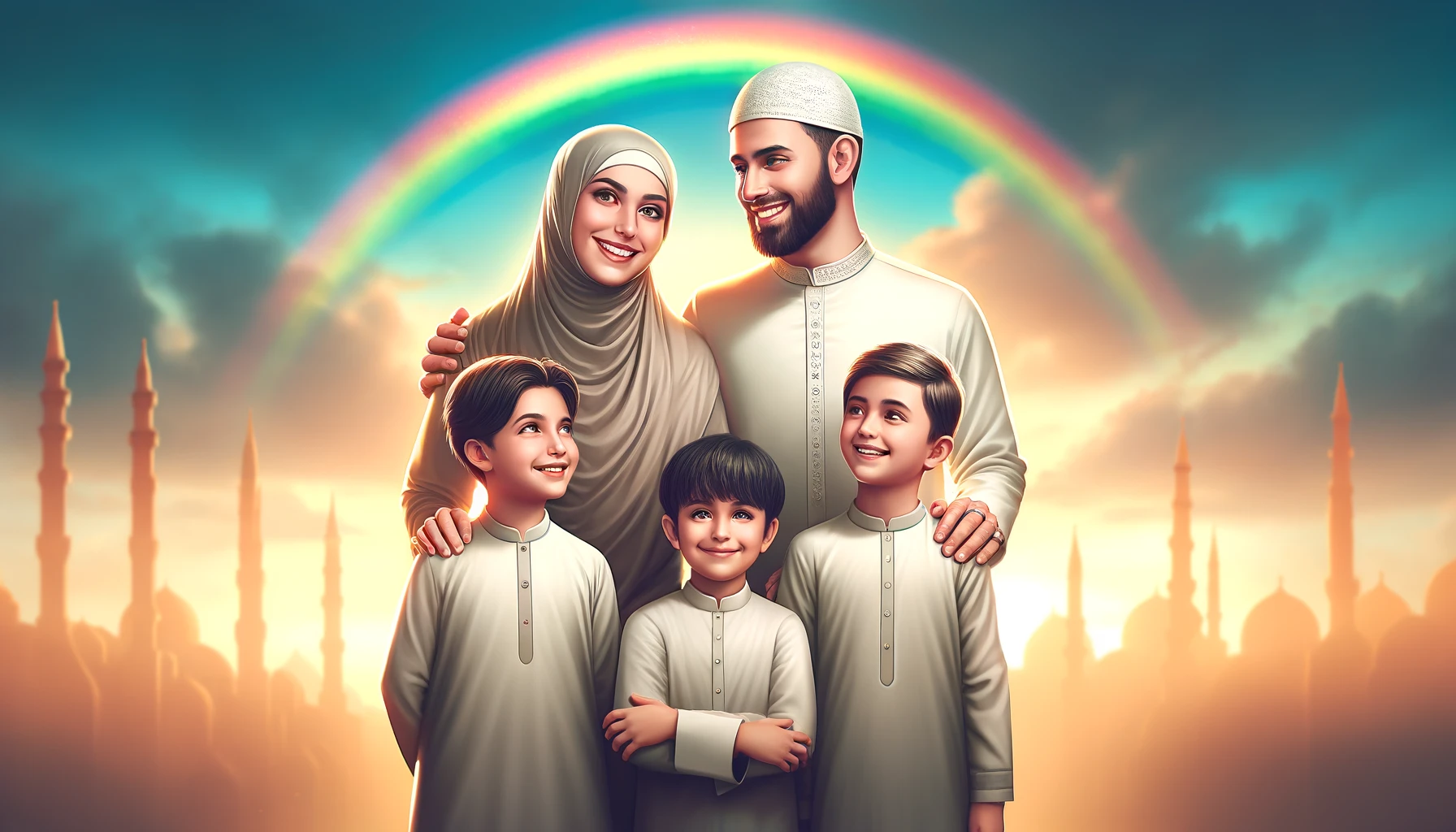 A Muslim couple with their children standing together, smiling, with a vibrant rainbow in the sky behind them. The family is dressed in traditional attire, symbolizing unity and family values.